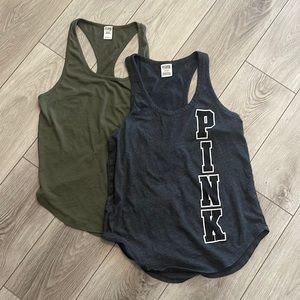 Lot two Victoria’s Secret PINK Racerback Tank Tops M Olive Green & Heather Gray